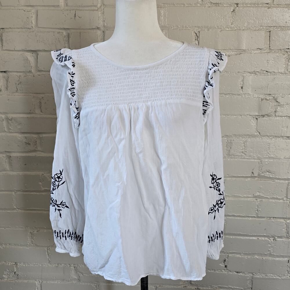 LOFT White Bohemian Embroidered Smocked  Peasant Blouse┃Coastal Resortwear
